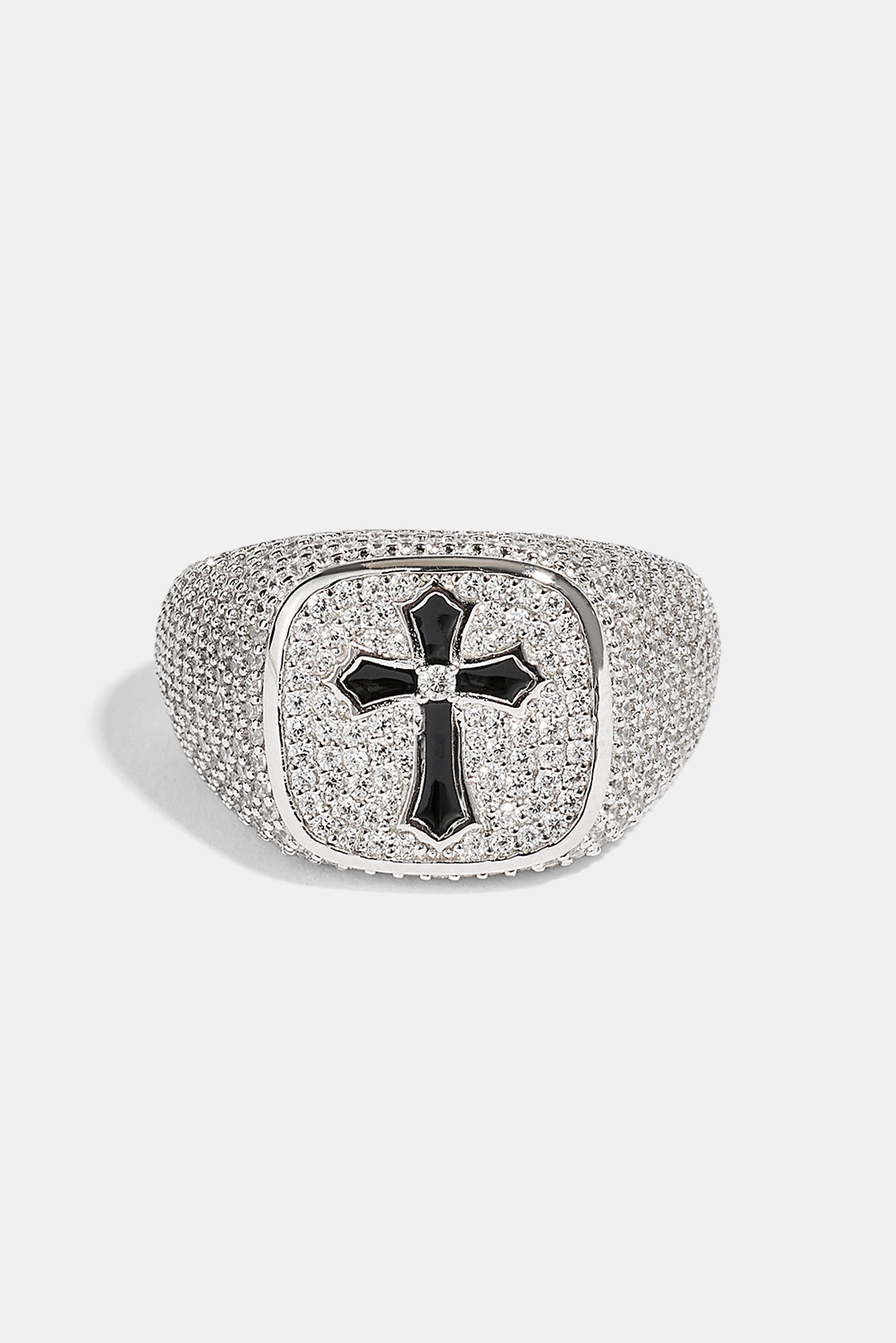 Schwarzes Emaille-Kreuz & Iced Pave Siegelring – 15 mm – Weiß